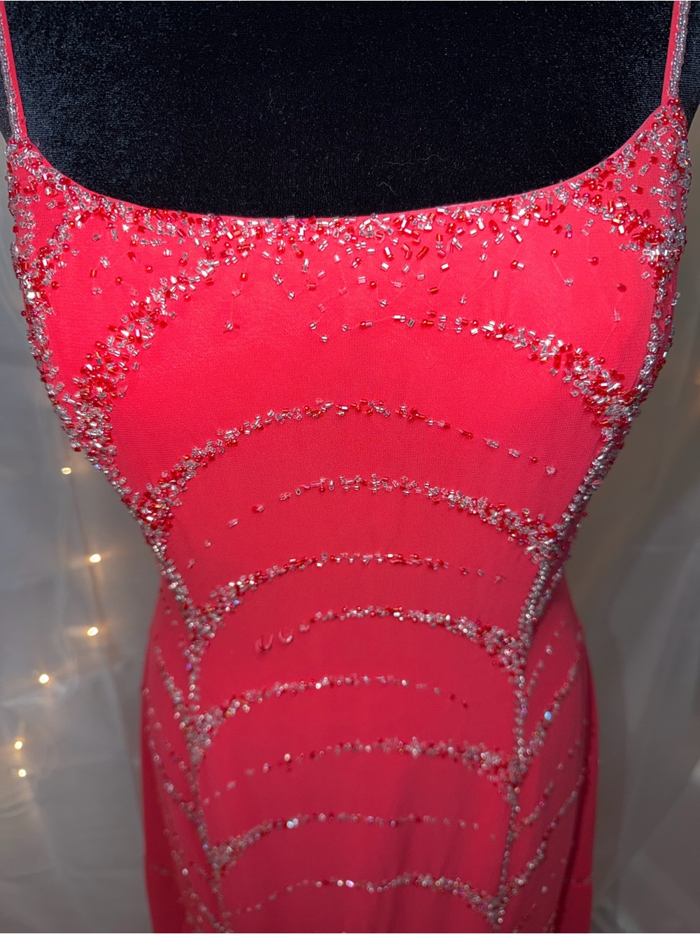 Beaded Coral Pink Spaghetti-Strap Prom Dress